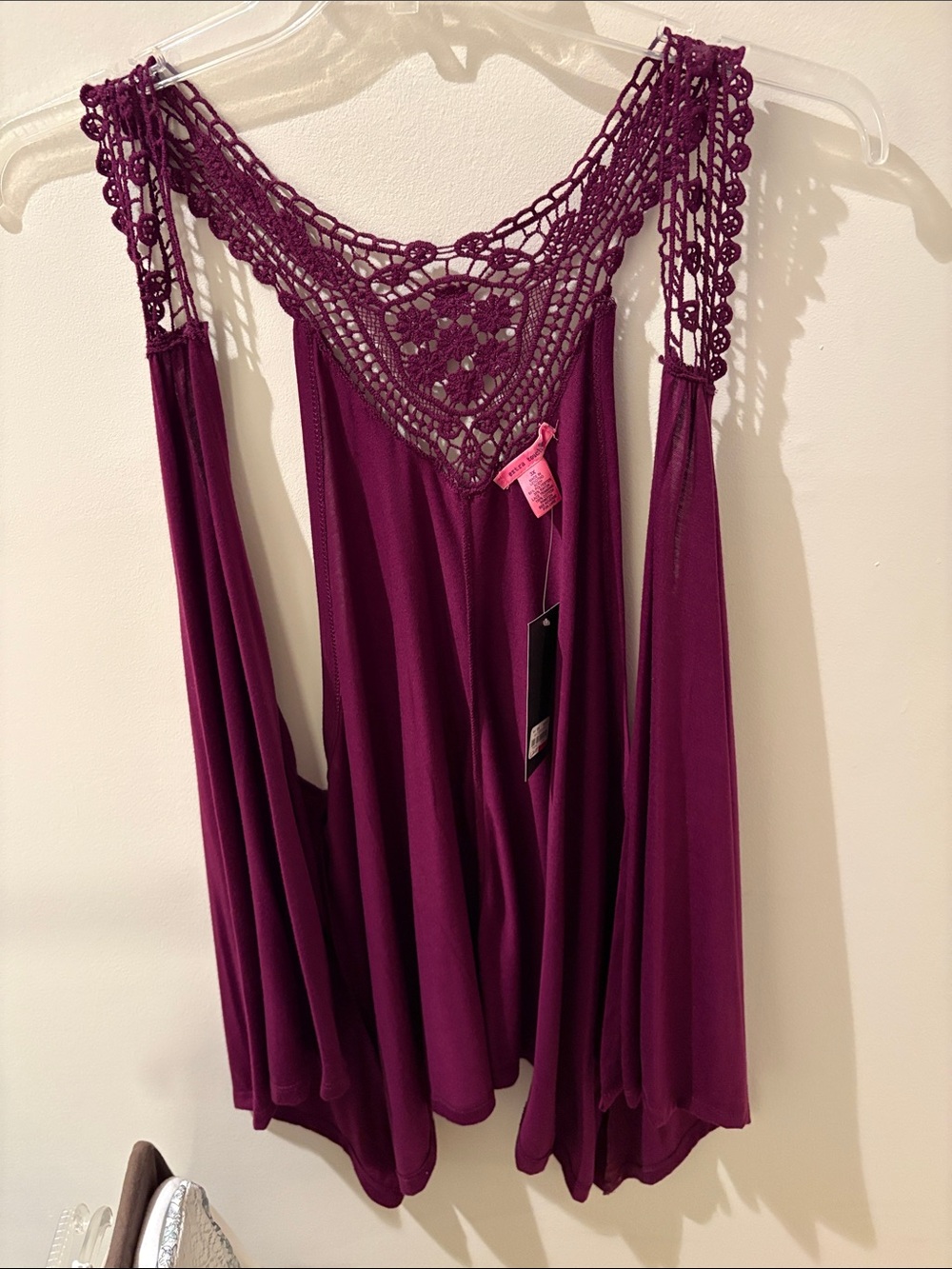 Extra Touch Crochet Yoke Cold-Shoulder Tank Top in Plum